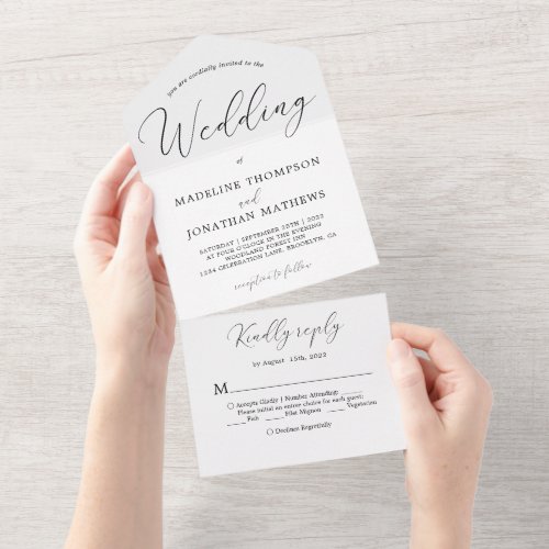 Delicate White Black Minimal Calligraphy Wedding All In One Invitation