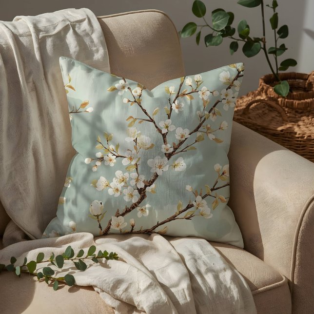 Delicate White Blossom Branch Botanical  Throw Pillow (Creator Uploaded)