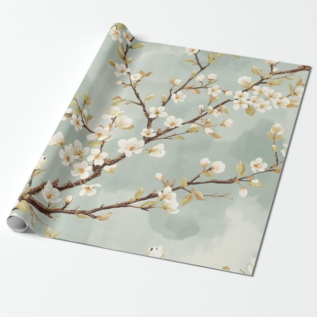 Delicate White Blossom Branch Botanical  Wrapping Paper (Unrolled)