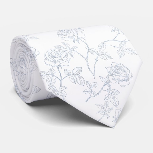 Delicate white blue roses neck tie (Rolled)