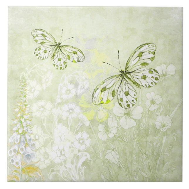 Delicate White Butterflies on Soft Green Tile (Front)