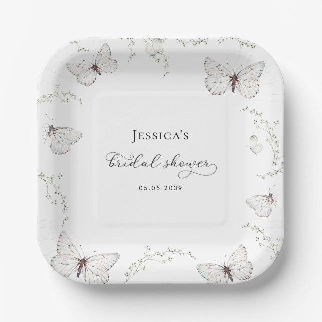 Delicate White Butterfly Garden Bridal Shower Paper Plates (Front)
