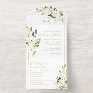Delicate White Cream Floral Elegant Wedding All In One Invitation