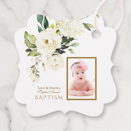 Delicate White Cream Flowers Girl Photo Baptism Favor Tags