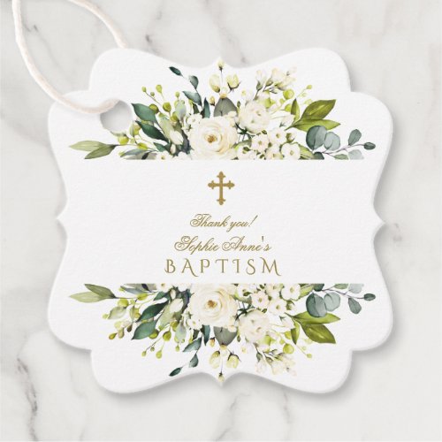 Delicate White Cream Flowers Gold Cross Baptism Favor Tags