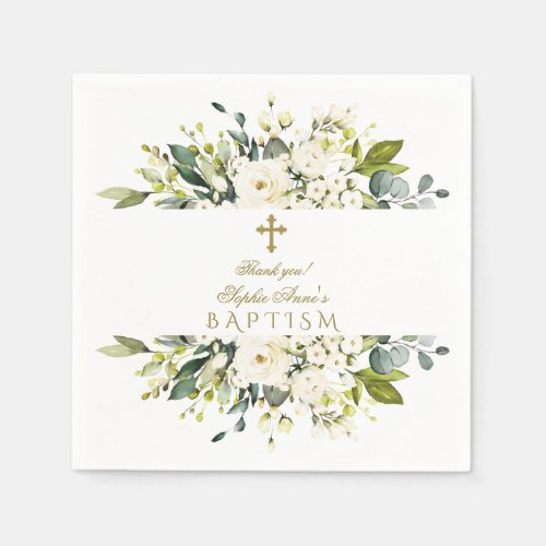 Delicate White Cream Flowers Gold Cross Baptism Napkins