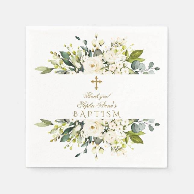 Delicate White Cream Flowers Gold Cross Baptism Napkins (Front)