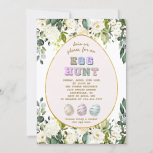 Delicate White Cream Flowers Gold Egg Hunt Easter Invitation