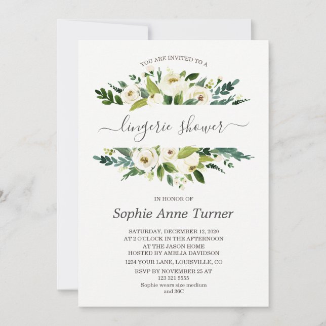 Delicate White Floral Calligraphy Lingerie Shower Invitation (Front)