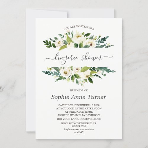 Delicate White Floral Calligraphy Lingerie Shower Invitation