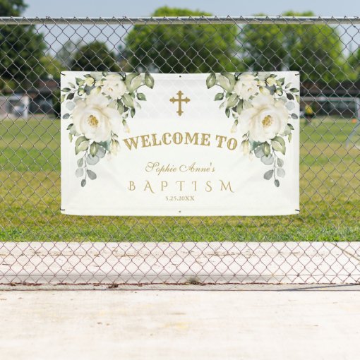 Delicate White Floral Gold Baptism Welcome Sign | Zazzle