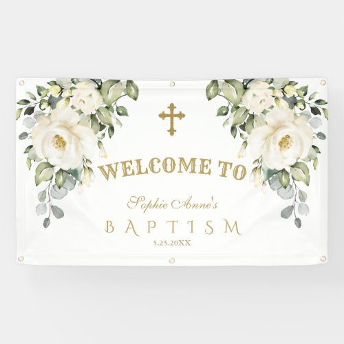 Delicate White Floral Gold Baptism Welcome Sign