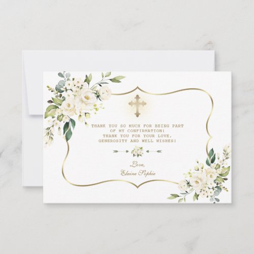 Delicate White Floral Gold Cross Girl Confirmation Thank You Card