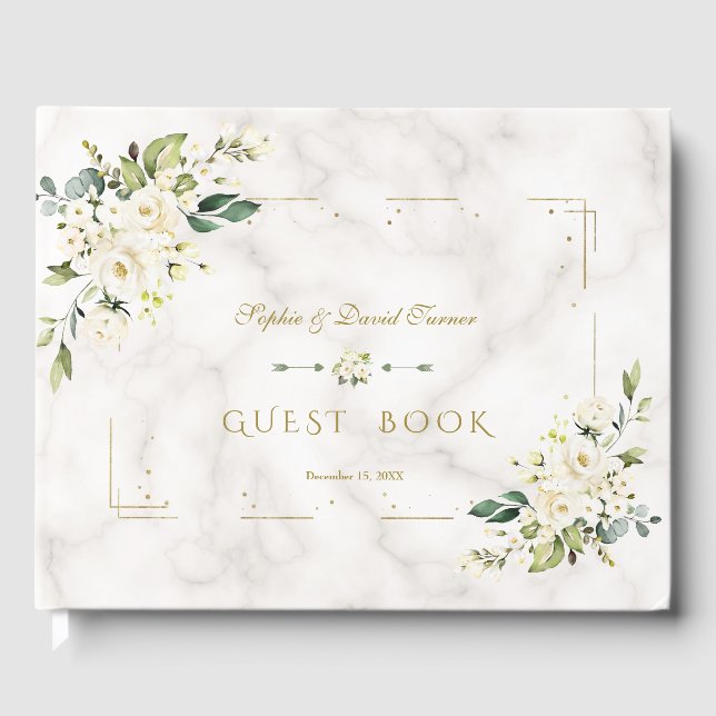 Delicate White Floral Gold Glitter Frame Wedding Guest Book (Front)