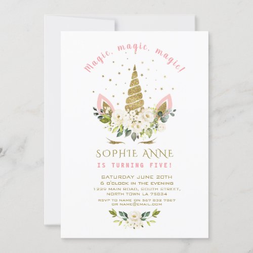 Delicate White Floral Gold Unicorn Girl Birthday Invitation