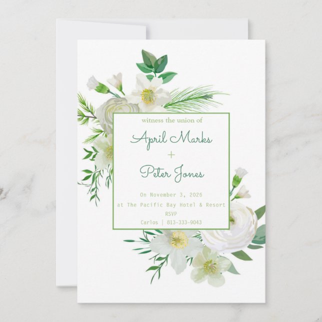 Delicate White Floral Wedding Invitation (Front)