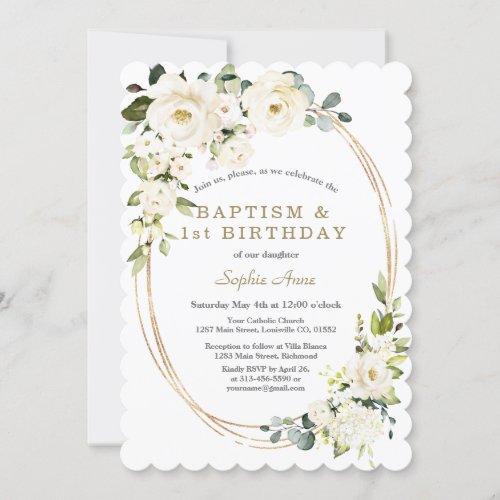 Delicate White Flowers Girl 1st Birthday Baptism Invitation