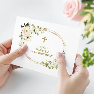 Delicate White Flowers Girl 1st Birthday Baptism Thank You Card