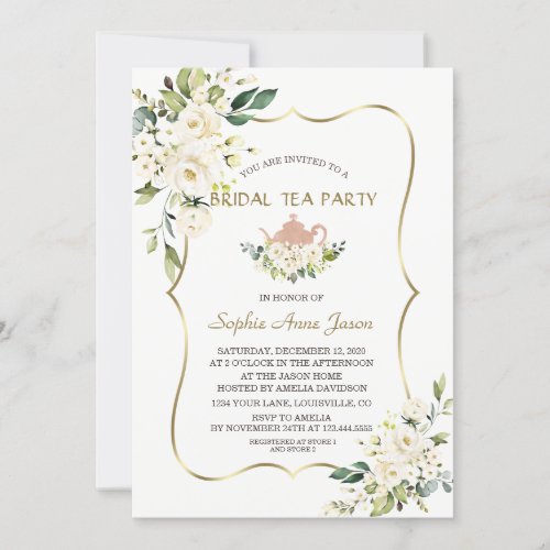 Delicate White Flowers Gold Bridal Tea Party Invitation