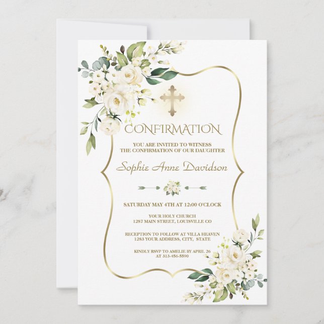 Delicate White Flowers Gold Cross Confirmation Invitation (Front)