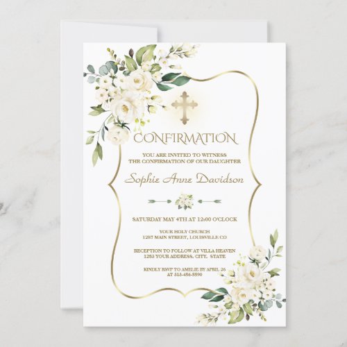 Delicate White Flowers Gold Cross Confirmation Invitation