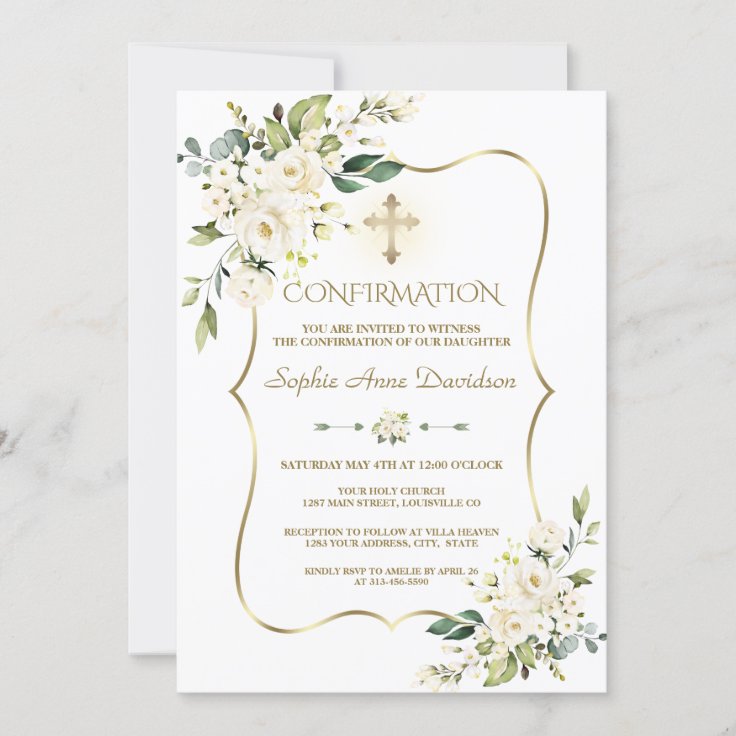 Delicate White Flowers Gold Cross Confirmation Invitation | Zazzle