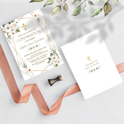 Delicate White Flowers Gold Cross Confirmation Invitation