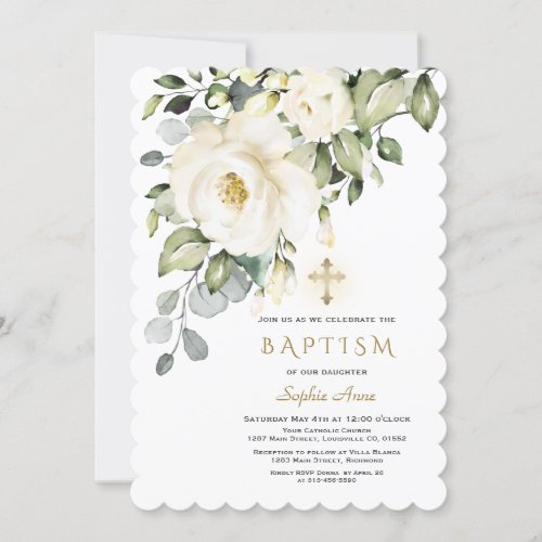Delicate White Flowers Gold Cross Girl Baptism Invitation