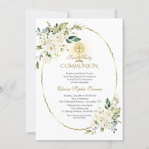 Delicate White Flowers Gold First Holy Communion Invitation