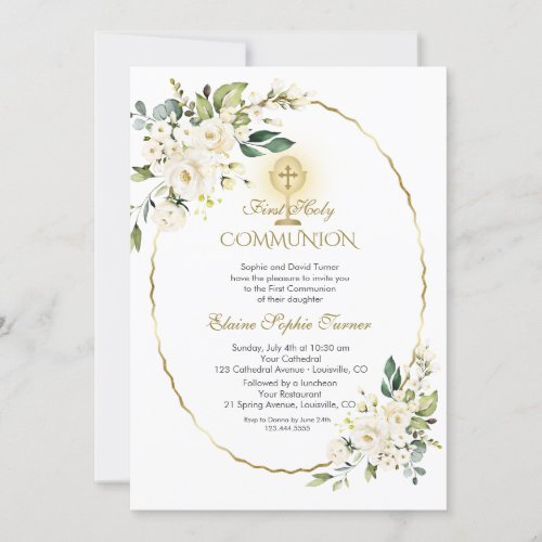 Delicate White Flowers Gold First Holy Communion Invitation