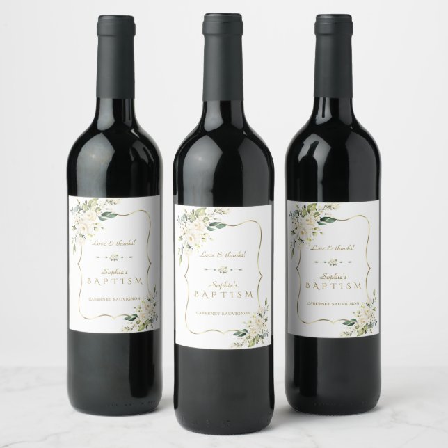 Delicate White Flowers Gold Frame Baptism Wine Label (Bottles)