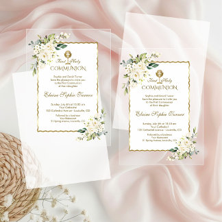 Delicate White Flowers Gold Girl Holy Communion Acrylic Invitations