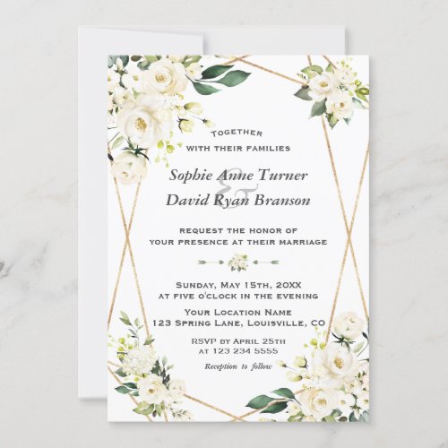 Delicate White Flowers Gold Monogram Wedding Invitation