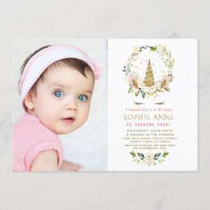 Delicate White Flowers Gold Unicorn Photo Birthday Invitation