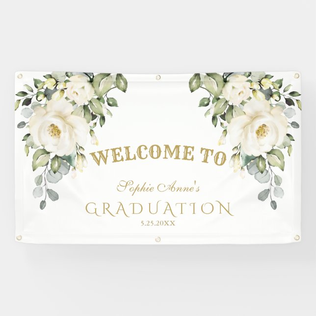 Delicate White Flowers Graduation Welcome Sign (Horizontal)