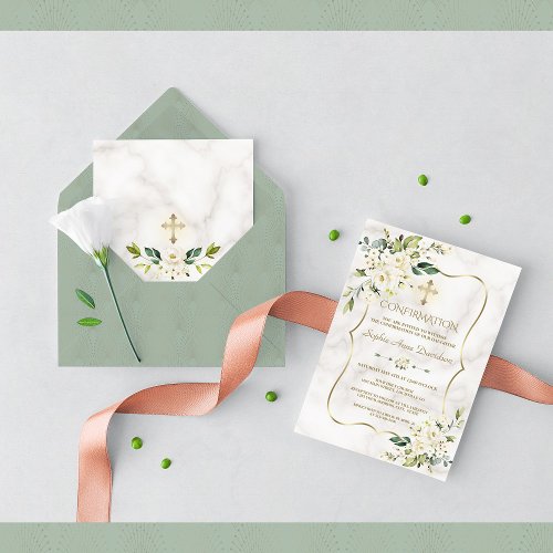 Delicate White Flowers Marble Gold Confirmation Invitation