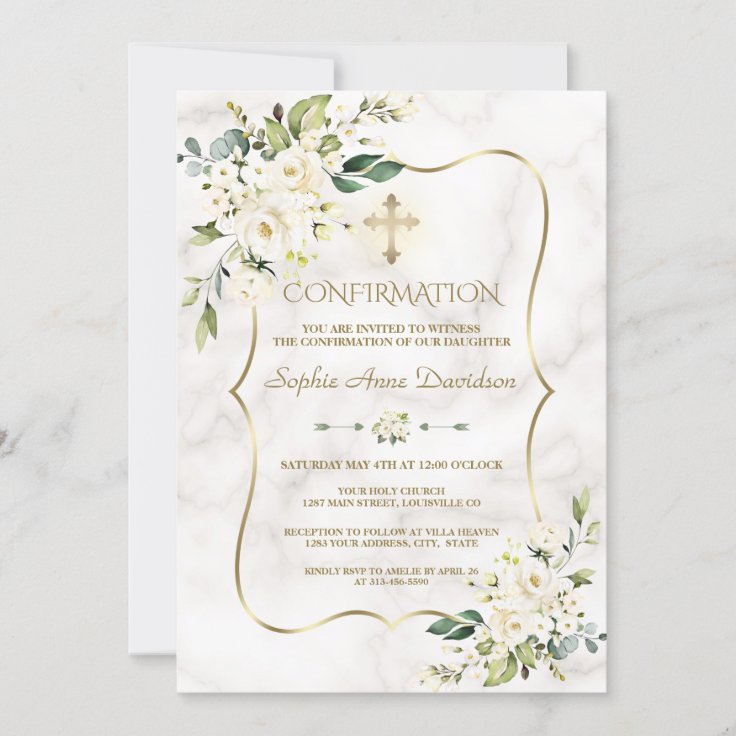 Delicate White Flowers Marble Gold Confirmation Invitation | Zazzle