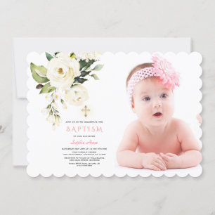 Delicate White Flowers Photo Girl Gold Baptism Invitation