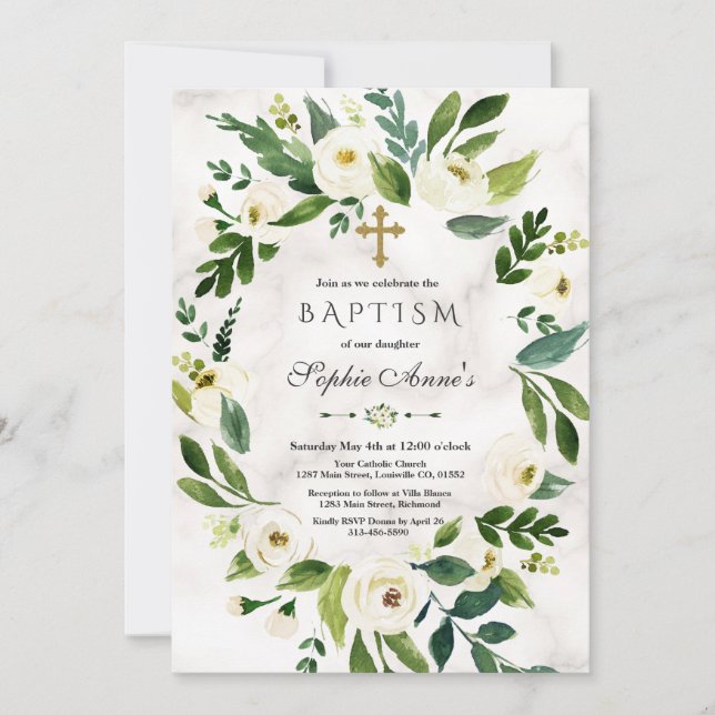 Delicate White Flowers Wreath Marble Baptism Invitation (Front)