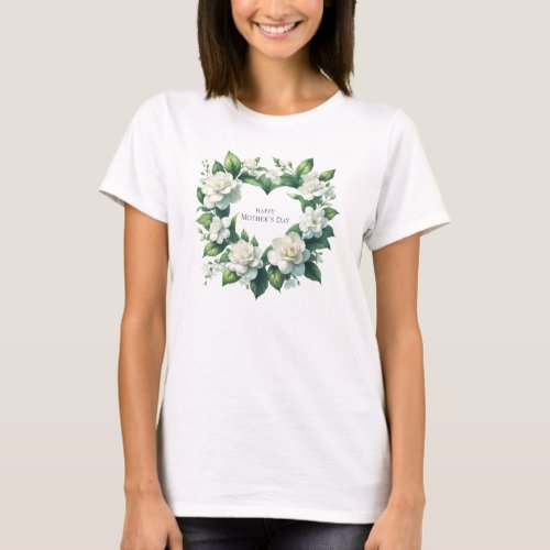 Delicate white gardenia heart wreath Mothers Day T_Shirt
