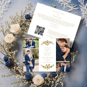 Delicate White & Gold 4 Photos Collage Wedding Save The Date