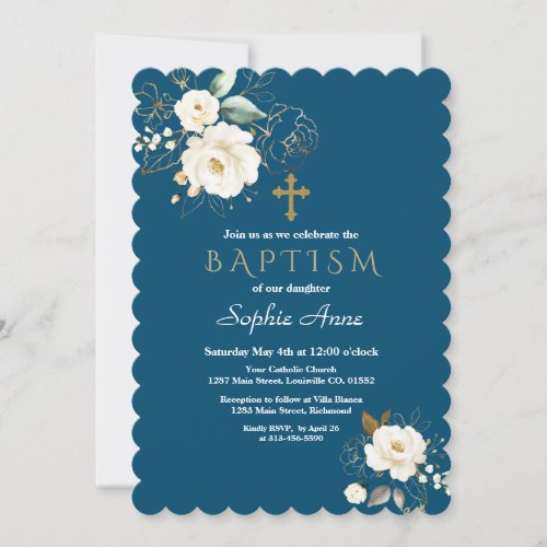 Delicate White Gold Floral Cross Blue Girl Baptism Invitation