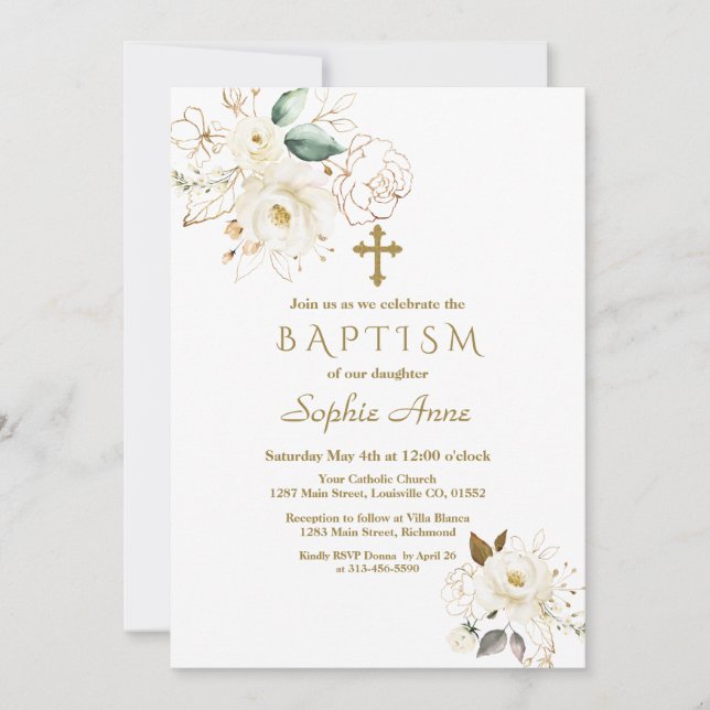 Delicate White Gold Floral Cross Girl Baptism Invitation (Front)