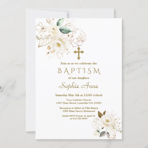 Delicate White Gold Floral Cross Girl Baptism Invitation