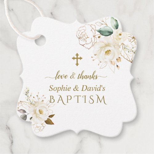 Delicate White Gold Flowers Gold Cross Baptism  Fa Favor Tags