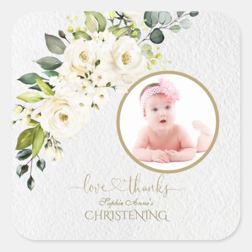 Delicate White Ivory Floral Girl Photo Christening Square Sticker
