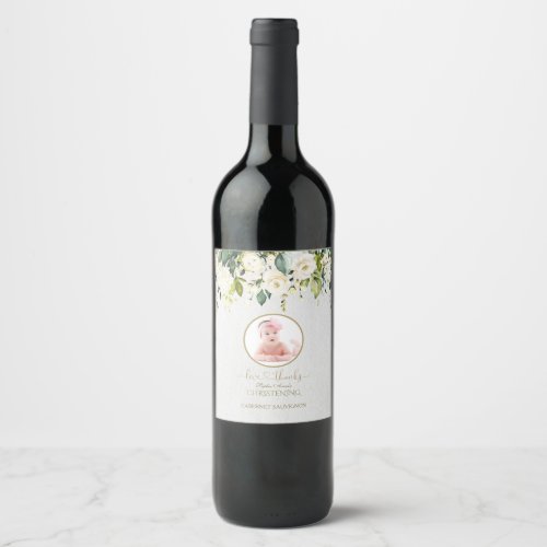 Delicate White Ivory Floral Girl Photo Christening Wine Label