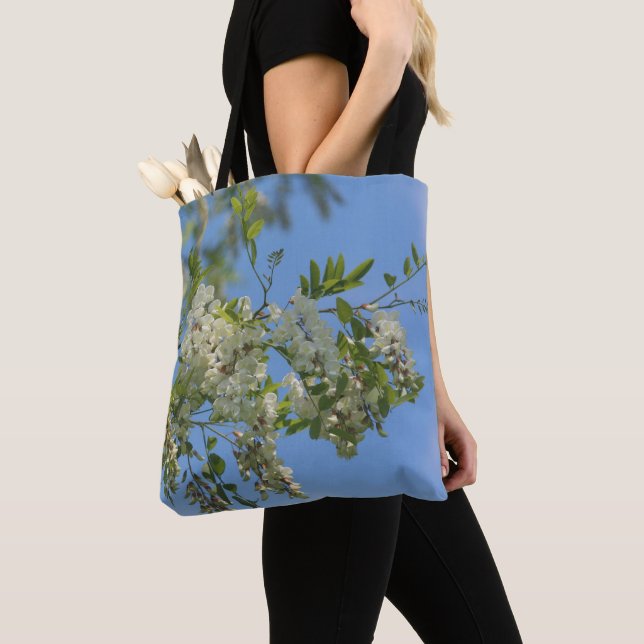 Delicate White Locust Flower Blossoms Blue Sky Tote Bag (Close Up)