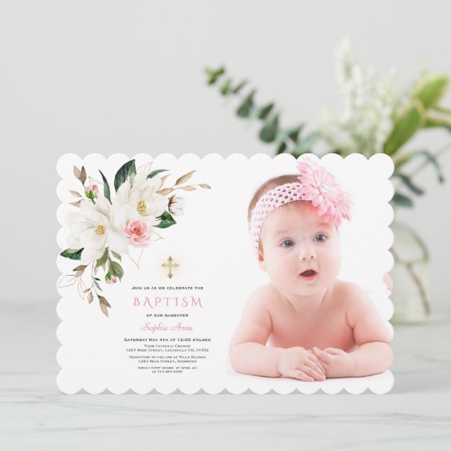Delicate White Magnolia Photo Girl Baptism  Invitation (Standing Front)