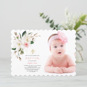 Delicate White Magnolia Photo Girl Baptism  Invitation